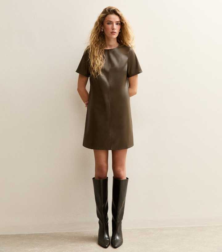 Khaki Faux Leather Short Sleeve Mini Dress | New Look