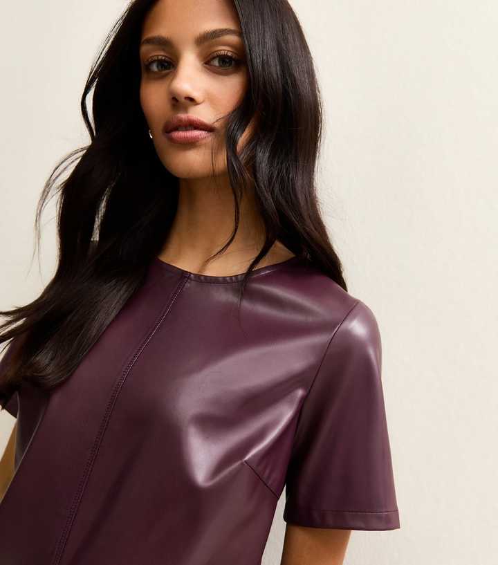 plus size faux leather shirt dress Miss Selfridge Belted Faux Leather Pinny Dress In Burgundy main image 1