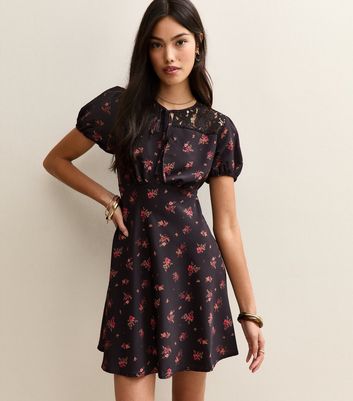 Black Floral Puff Sleeve Mini Dress
