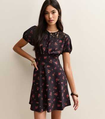Black Floral Puff Sleeve Mini Dress