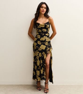 Black Floral Print Cowl Neck Chiffon Midi Dress
