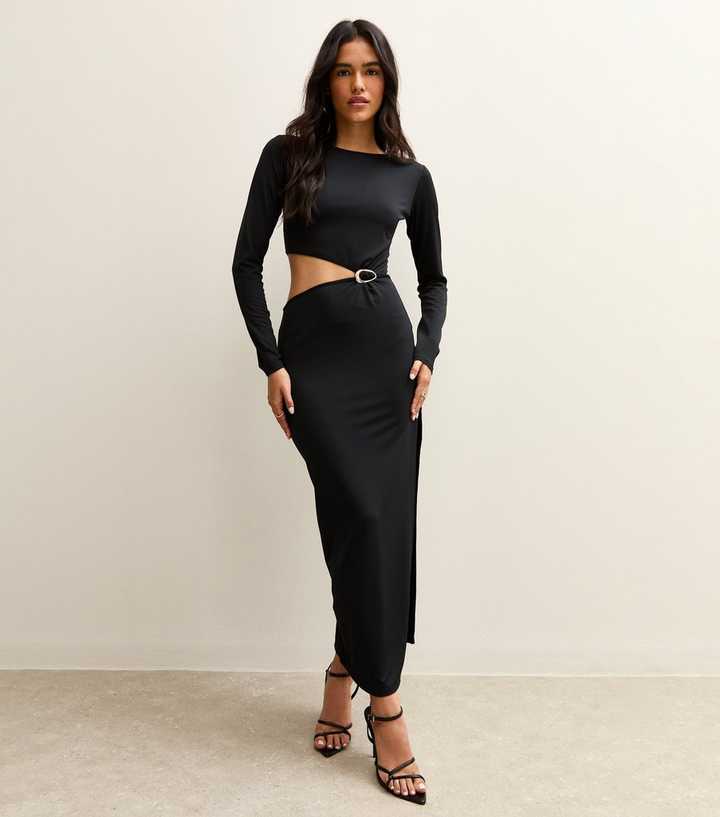 Black Cut Out Buckle Detail Long Sleeve Midi Dress | New Look