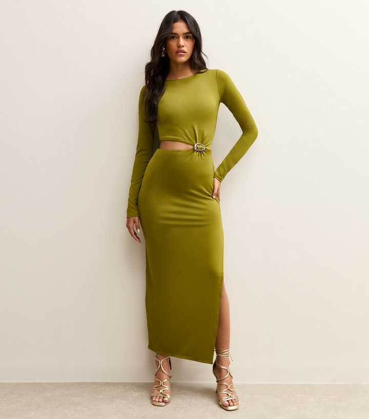 Green Cut Out Buckle Detail Long Sleeve Midi Dress