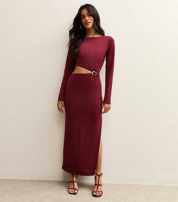 Burgundy Cut Out Buckle Detail Long Sleeve Midi Dress