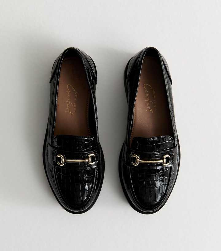 Wide Fit Black Faux Leather Platform Croc Loafer