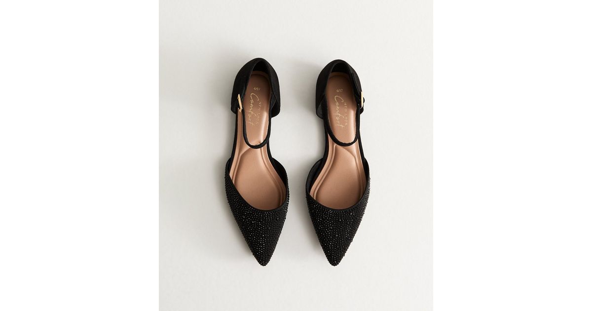 Black Bedazzled Pointed Toe Ankle Strap Ballerina Flats New Look
