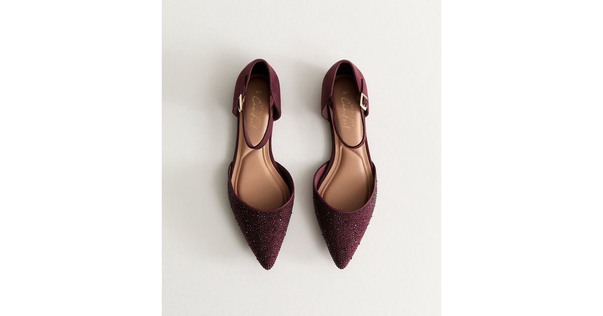 Burgundy Bedazzled Pointed Toe Ankle Strap Ballerina Flats New Look