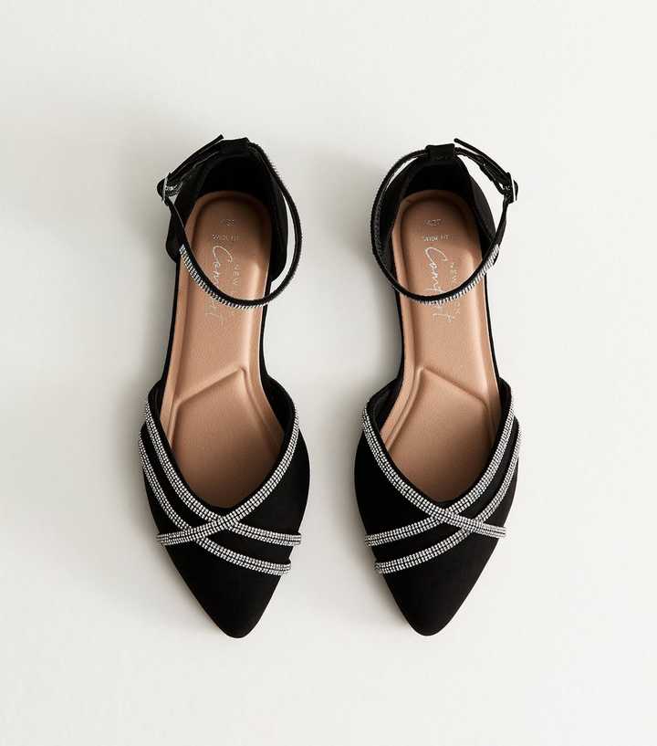 Wide Fit Black Faux Suede Bling Ballerina Pumps New Look