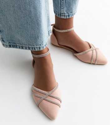 Wide Fit Light Pink Faux Suede Bling Ballerina Pumps