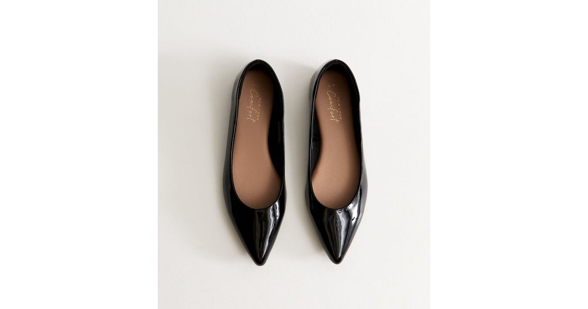 Black Patent Faux Leather Pointed Toe Ballerina Flats | New Look