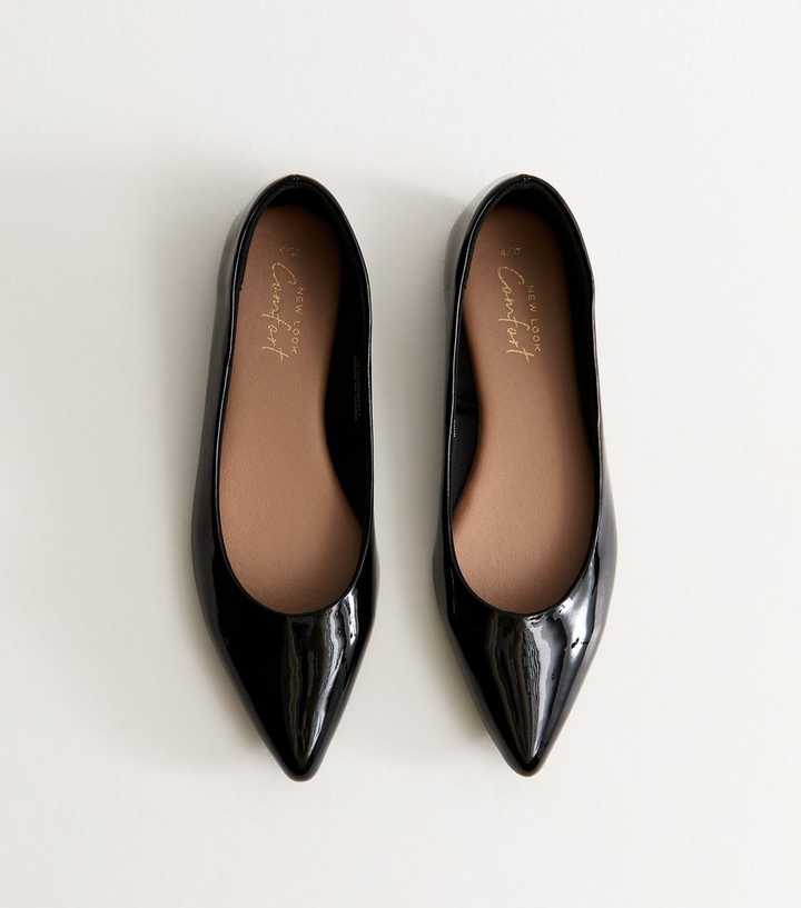 Black Patent Faux Leather Pointed Toe Ballerina Flats