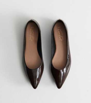 Brown Patent Faux Leather Pointed Toe Ballerina Flats
