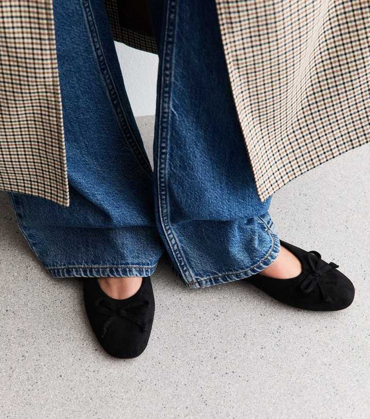 Black Faux Suede Bow Ballerina Pumps