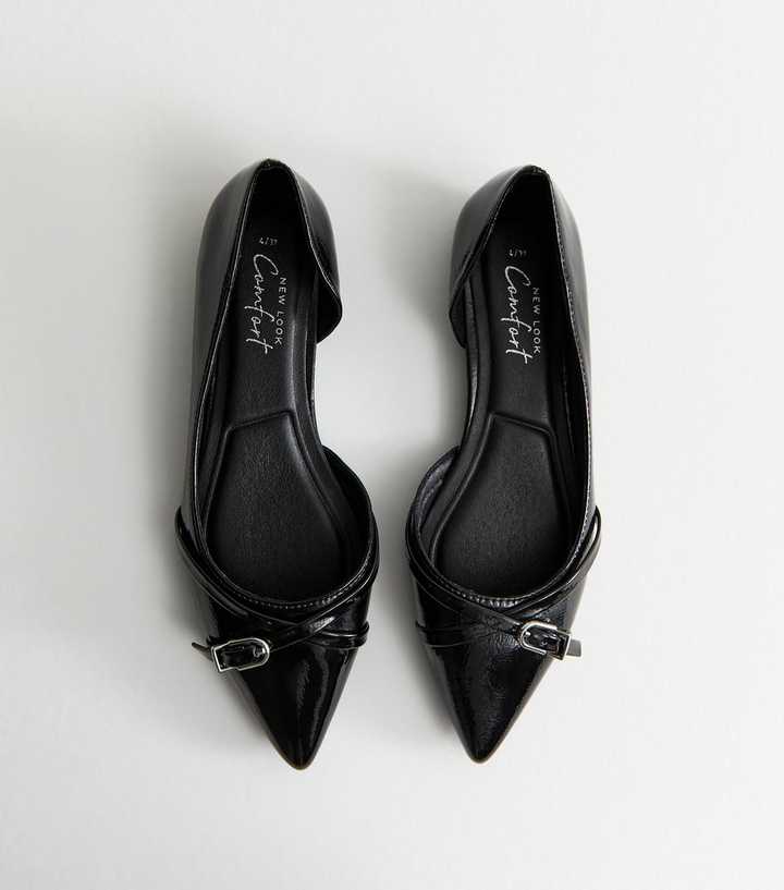 Black Patent Faux Leather D'Orsay Buckle Detail Flats