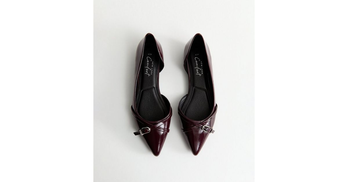 Dark Burgundy Patent Faux Leather D'Orsay Buckle Detail Flats | New Look