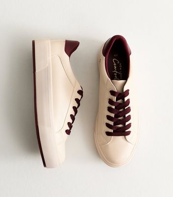 Cream Burgundy Contrast Faux Leather Lace Up Trainers