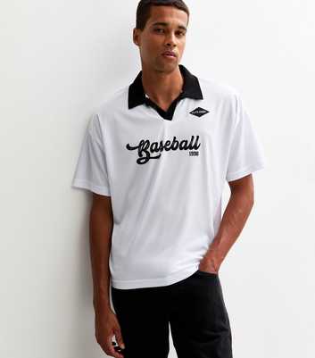 White Collared Relaxed Fit Baseball Logo Short Sleeve T-shirt