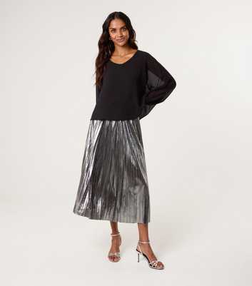 Blue Vanilla Silver Metallic Pleated Midi Skirt