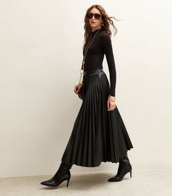 Black Faux Leather Pleated Midi Skirt New Look