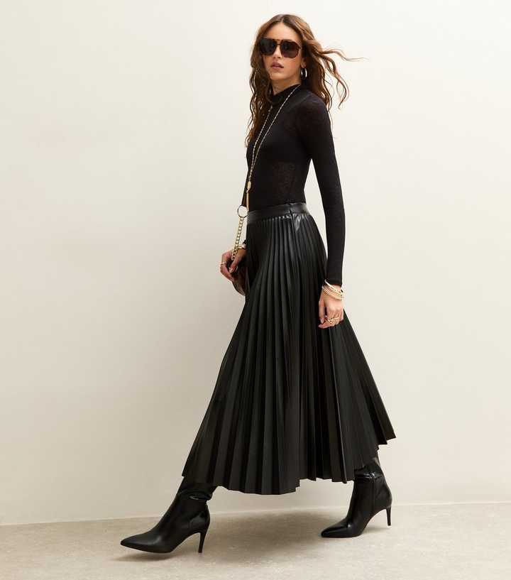 Black Faux Leather Pleated Midi Skirt