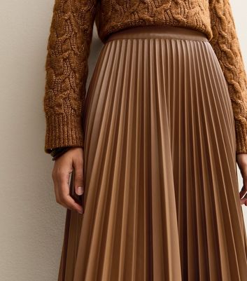 Brown Faux Leather Pleated Midi Skirt