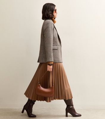 Faux Leather Pleated Leather Midi Skirt New Look Brown Faux