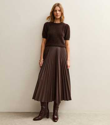 Dark Brown Faux Leather Pleated Midi Skirt