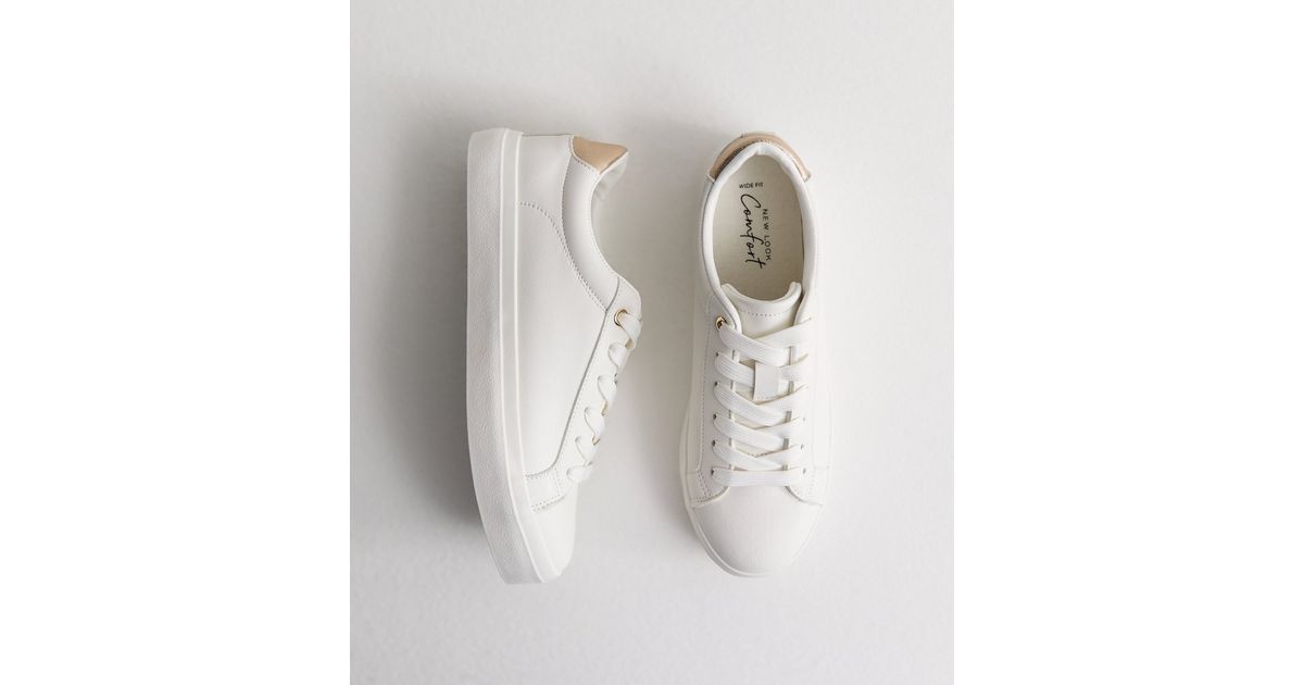 Wide Fit White Faux Leather Lace Up Trainers | New Look