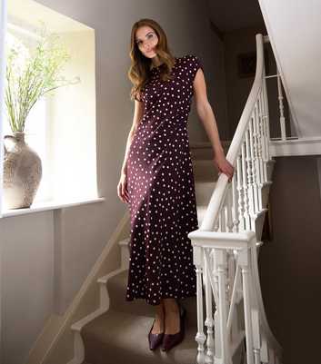 Blue Vanilla Burgundy Polka Dot Midi Dress