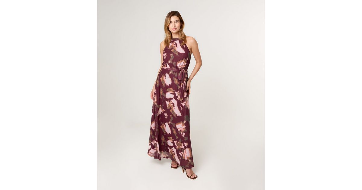 Blue Vanilla Burgundy Floral Print Mesh Halterneck Maxi Dress | New Look