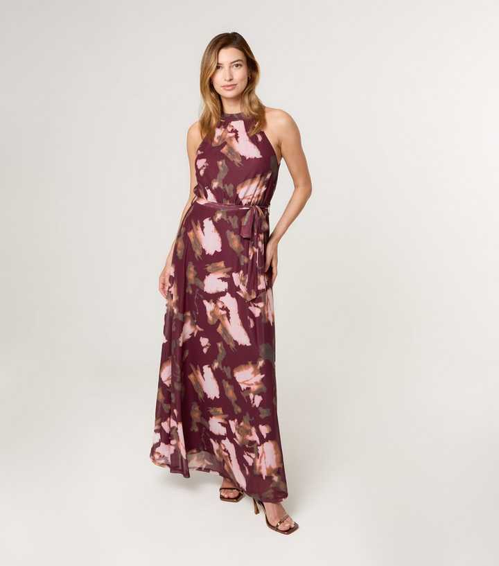 blue vanilla burgundy dress Blue Vanilla Burgundy Floral Print Mesh Halterneck Maxi Dress