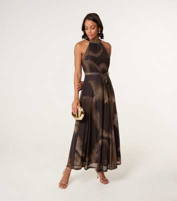 Blue Vanilla Brown Printed Mesh Halterneck Midi Dress
