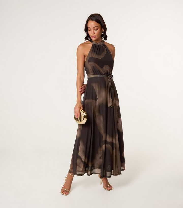 Blue Vanilla Brown Printed Mesh Halterneck Midi Dress