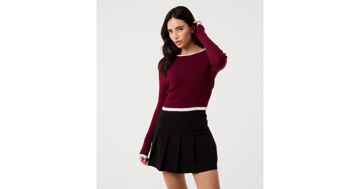 Pink Vanilla Dark Burgundy Contrast Trim Knit Jumper | New Look