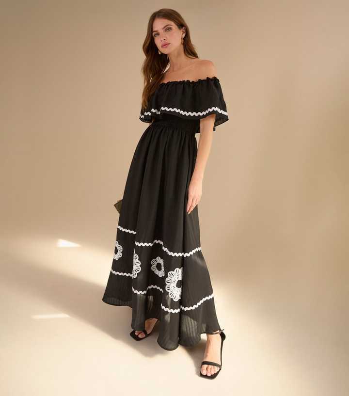 Blue Vanilla Black Floral Embroidered Off The Shoulder Maxi Dress
