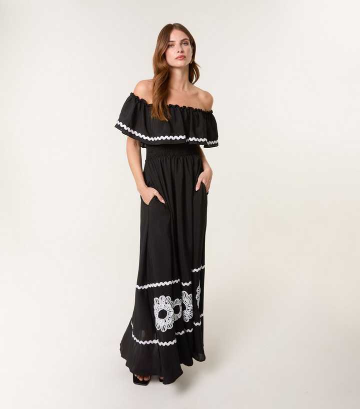 Blue Vanilla Black Floral Embroidered Off The Shoulder Maxi Dress | New Look