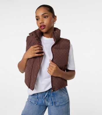 Pink Vanilla Dark Brown Embellished Puffer Gilet