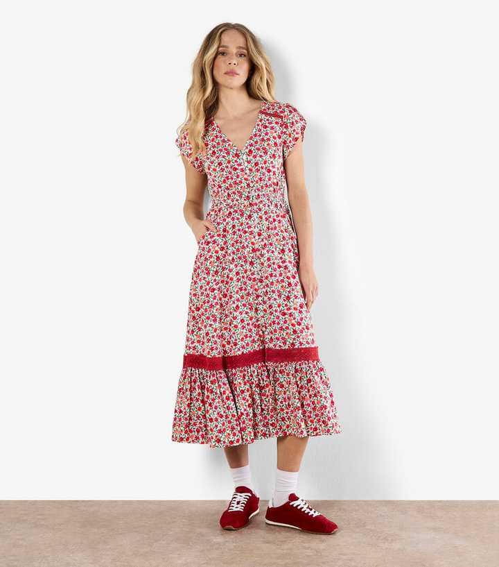strapless open back dress Katie Midi Dress in Red Milos Floral Cream main image 1