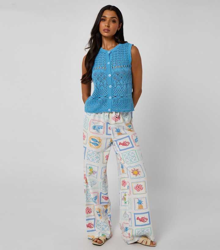 Urban Bliss White Postcard Print Wide Leg Trousers