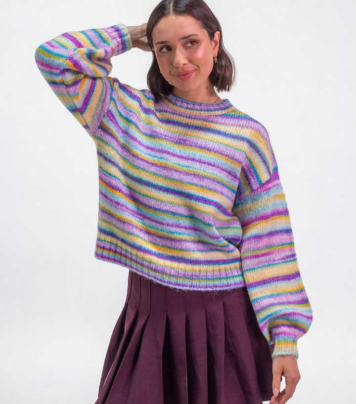 Sunshine Soul Bright Purple Rainbow Stripe Balloon Sleeve Jumper