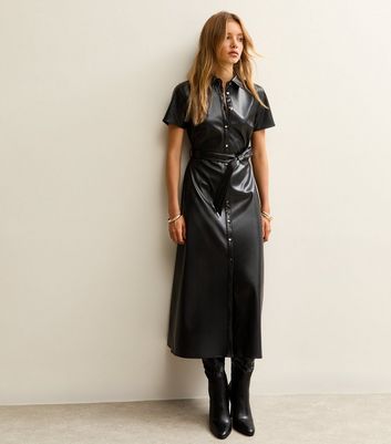 princess polly baby blue dress Black Faux Leather Scallop Detail Short Ruffle Sleeve Dress – SSYS main image 1