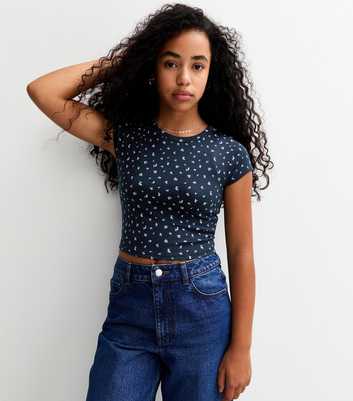 Girls Navy Floral Print Cap Sleeve T-Shirt