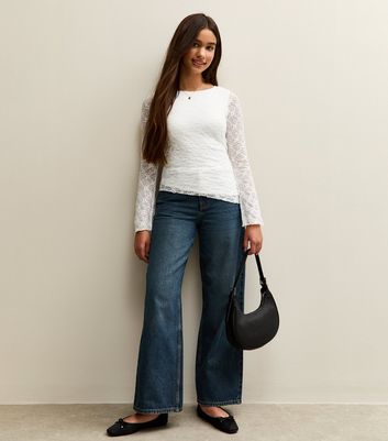 Girls White Long Sleeve Lace Asymmetric Hem Top