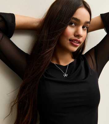 Girls Black Long Sleeve Mesh Flutter Sleeve Top