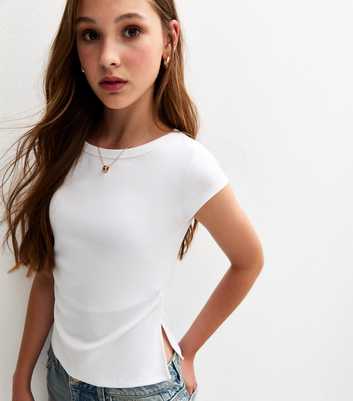 Girls White Split Side Ruched Cap Sleeve Top