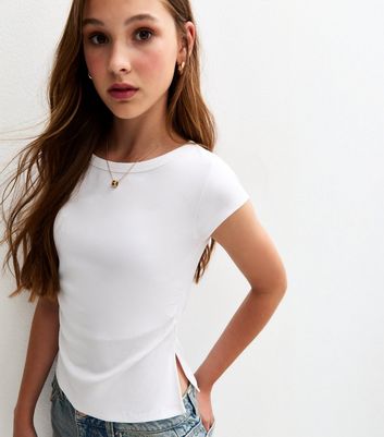 Girls White Split Side Ruched Cap Sleeve Top