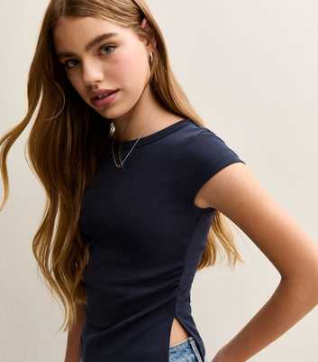 Girls Navy Split Side Ruched Cap Sleeve Top