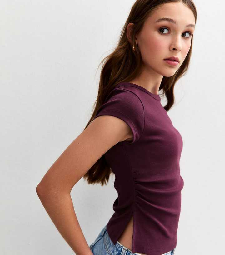 Girls Dark Burgundy Split Side Ruched Cap Sleeve Top