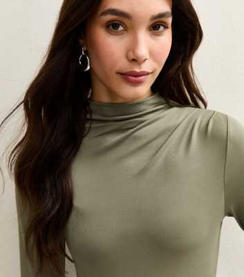 Dark Khaki Jersey Gathered Neck Slinky Bodysuit