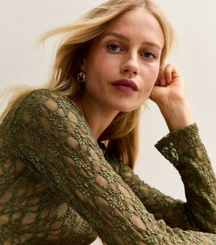 Khaki Lace Boat Neck Long Sleeve Top